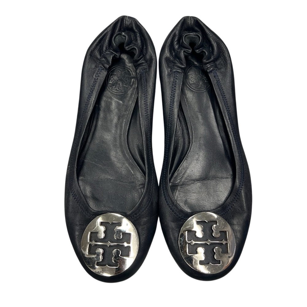 Tory Burch Reva Ballet Flats Black Leather Silver Logo Medallion Shoes Size 6.5